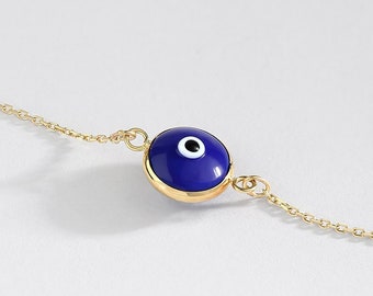 14K Solid Gold Navy Blue Evil Eye Bracelet for Women | Dainty Protection Bracelet | 14K Real Gold Spiritual Jewelry | Gift for Her