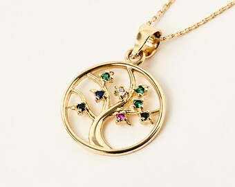 14K Solid Gold Family Tree with Birthstones Necklace | 14K Real Gold Tree of Life Necklace | Personalized Memorial Gifts | Custom Jewelry