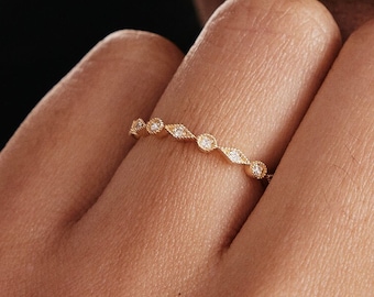 Fascia di diamanti Half Eternity in oro massiccio 14K / Anello di diamanti Art Deco per donne / Fede nuziale / Gioielli in oro 14K / Regalo per lei