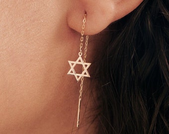 Star of David Threader Earrings in 14K Solid Gold | Jewish Star Earrings for Women | 14k Yellow Gold Drop Dangle Earrings