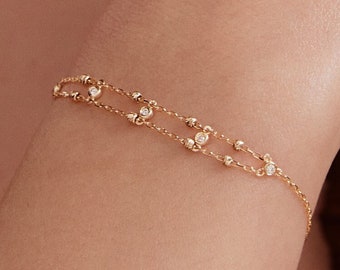 Diamond by the Yard Bracelet in 14K Solid Gold  | Bead Station Bracelet | Bezel-Set Double Chain Bracelet for Women | Perfect Birthday Gift