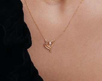 Diamond Double Heart Necklace in 14K Solid Gold | Diamond Interwined Heart Necklace | Pendant Necklace | 14K Gold Jewelry | Gift for Her