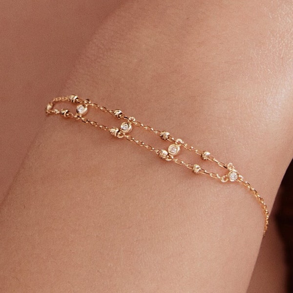 Diamond by the Yard Bracelet in 14K Solid Gold  | Bead Station Bracelet | Bezel-Set Double Chain Bracelet for Women | Perfect Birthday Gift