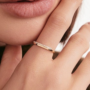 14K Solid Gold Diamond Bar Stacking Ring| Dainty Pave Diamond Stackable Ring for Women | 14K Real Gold Minimalist Jewelry | Gift for Her