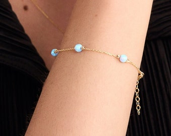 14K Solid Gold Turquoise Bead Station Bracelet | Blue Beaded Bracelet | 14K Gold Small Turquoise Ball Station Bracelet | Real Gold Jewelry