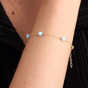 14K Solid Gold Turquoise Bead Station Bracelet | Blue Beaded Bracelet | 14K Gold Small Turquoise Ball Station Bracelet | Real Gold Jewelry