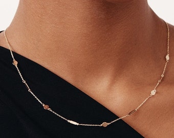 14K Solid Gold Disc Bar Station Halskette | Multi Disc Halskette | Dot Halskette | Zierliche Halskette | Choker Halsband für Frauen