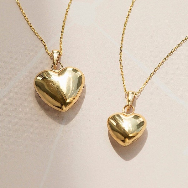 14k Solid Gold Herz Halskette für Frauen | Puffed Herz Anhänger Halskette | 14K Echtgold Herz Schmuck | Gold Liebe Halskette | Valentinstag Geschenk