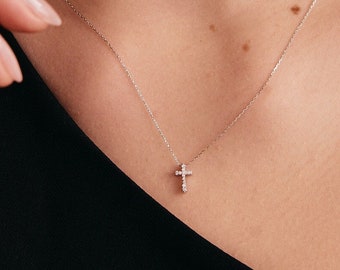 Diamond Pave Cross Necklace in 14K Solid Gold | Diamond Cross Pendant Necklace for Women | 14K Real Gold Christian Jewelry | Baptism Gift