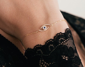 Evil Eye Bracelet in 14K Solid Gold for Women | Good Luck and Protection Bracelet | 14k Evil Eye Bracelet | Evil Eye Charm | Girlfriend Gift
