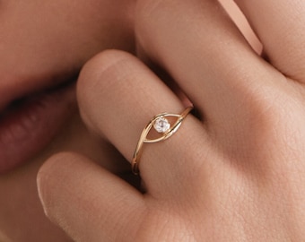 Evil Eye Bezel-Set Ring in 14K Solid Gold for Women | Evil Eye Stacking Ring | Good Luck Ring | Third Eye Ring