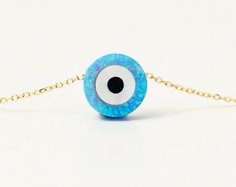 14K Solid Gold Blue Opal Evil Eye Necklace | Evil Eye Pendant Protection Necklace for Women | 14K Real Gold Jewelry | Gift for Women