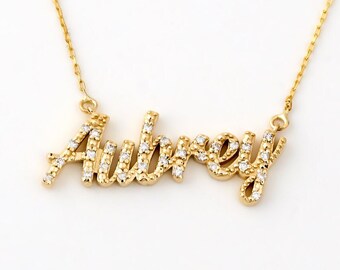 Diamond Name Necklace in 14K Solid Gold | 14k Personalized Necklaces for Women | Cursive Name Necklace | Pave Name Necklace (1/10 c.t.t.w)