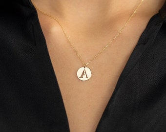 14K Real Gold Custom Disc Initial Pendant Necklace | 14K Gold Letter Necklace | 14k Solid Gold Personalized Jewelry | Gift for Women