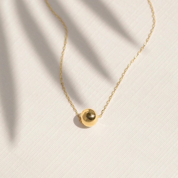 14k Goldeinfache Sapher-Halskette - 14k Mini Ball Halskette- 14k echtes Gold Minimalist Halskette - 14k Massivgold Bead Anhänger für Frauen