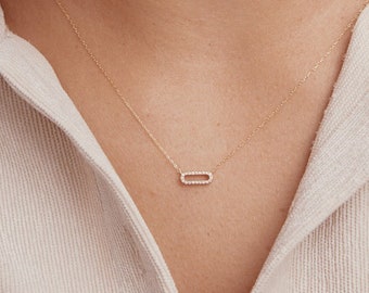 Diamond Paperclip Pendant Necklace in 14K Solid Gold | Dainty Link Pendant Necklace for Women | 14K Real Gold Diamond Jewelry | Gift for Her