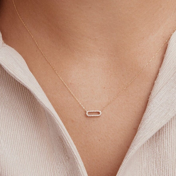 Diamond Paperclip Pendant Necklace in 14K Solid Gold | Dainty Link Pendant Necklace for Women | 14K Real Gold Diamond Jewelry | Gift for Her