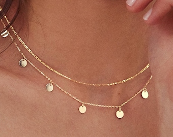 14k Solid Gold Station Choker Necklace - 14k Gold Multi Discs Necklace - 14k Real Gold Multi Circles Necklaces for Women