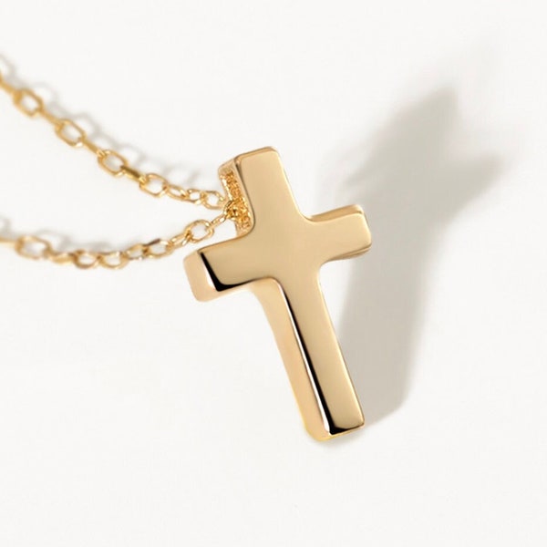 Collar de cruz pequeña de oro macizo de 14K / Collar de protección para mujeres / Collar de cruz diminuta / Joyería cristiana de oro real de 14K / Regalo de bautismo