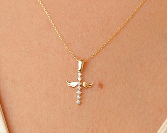 14k Solid Gold Angel Wing Cross Necklace - Guardian Angel Charm Necklace - 14k Real Gold Crucifix Pendant for Women - 14k Religious Jewelry