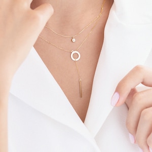 Vertical Bar Y Necklace • 14k Gold Rectangular Bar n Circle Charm • Bar Drop Y Necklace • Lariat Necklace • Valentine&#39;s Day Gift for Women