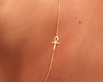 Sideway Ankh Cross Necklace in 14K Solid Gold  | Minimalist Christian Necklace for Women | 14K Real Gold Religious Jewelry | Gift for Her