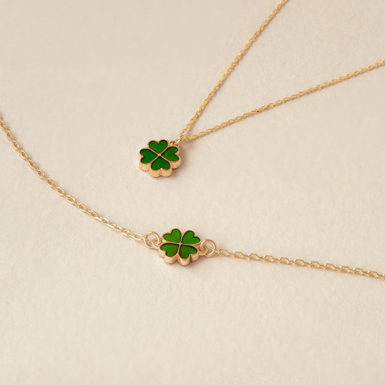14k Solid Gold Four Leaf Clover Bracelet - Green Good Luck Charm - Colorful Lucky Flower Bracelet - 14k Real Gold Bracelets for Women image 7