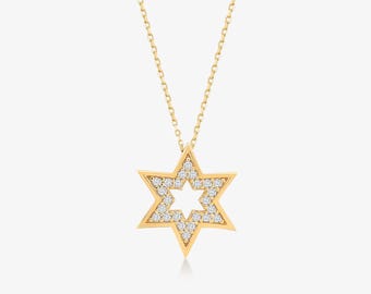 14k Solid Gold Star of David Necklace - 14k Magen David Kabbalah Religious Pendant - 14k Real Gold Jewish Star Charm Necklace for Women