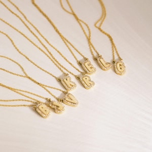Colar inicial de bolha de diamante | Colar de letra de bolha de ouro maciço 14k para mulheres | Presente de aniversário | Pingente inicial | Colar de letra