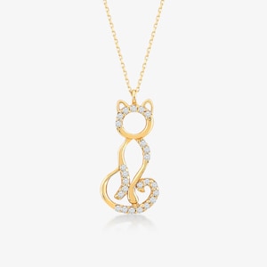 Cat Pendant Necklace in 14k Real Gold for Women - Delicate Kitten Necklace - Animal Shaped Necklace - Cat Dog Necklace - Gift for Birthday