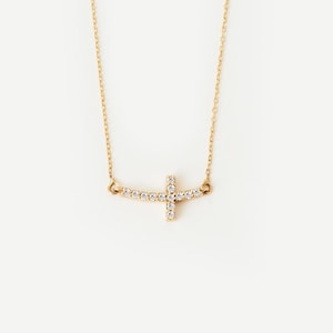 14K Solid Gold Diamond Curved Cross Necklace for Women | Diamond Pave Horizontal Cross Necklace | 14K Real Gold Jewelry | Christian Gifts