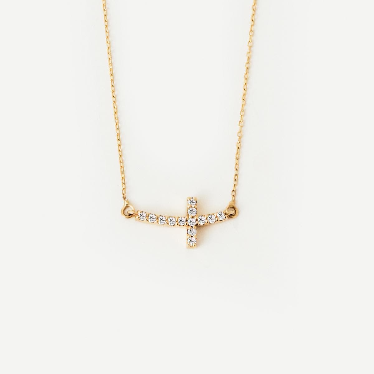14K Solid Gold Diamond Curved Cross Necklace for Women | Diamond Pave Horizontal Cross Necklace | 14K Real Gold Jewelry | Christian Gifts