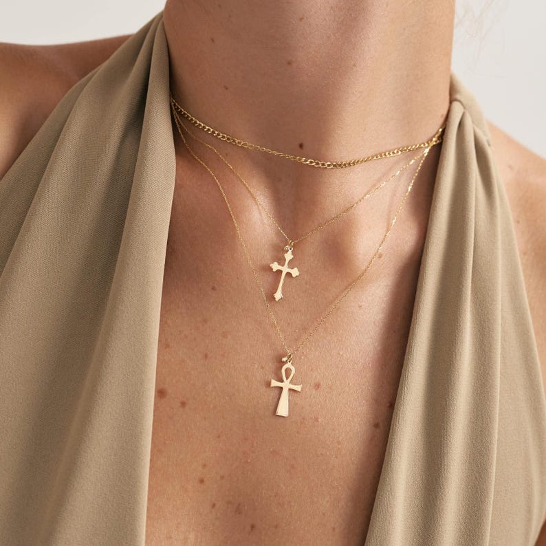 Diamond Ankh Cross 14K Solid Gold Necklace for Women | Cross Pendant Necklace | Christian Faith Jewelry | Gift for Birthday afbeelding 3