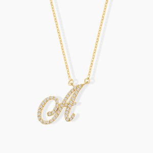 14k Solid Gold Diamond Script Initial Necklace: Personalized Cursive Letter Pendant