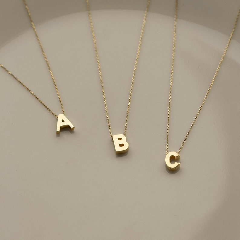 14k Solid Gold Initial Necklace for Women 14k Personalized Letter Pendant Necklace 14k Real Yellow White or Rose Gold Alphabet Necklace image 3