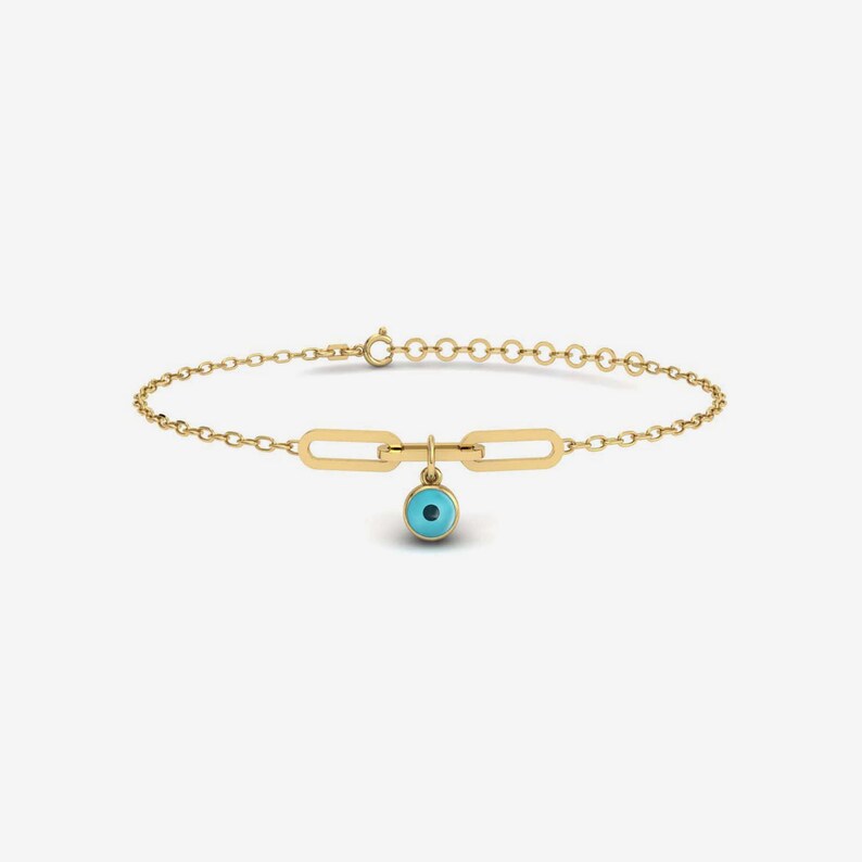 14K Solid Gold Evil Eye Charm Bracelet 14K Real Gold Protection Bracelet Dainty Real Gold Jewelry for Women Gift for Her image 3