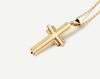 14K Solid Gold Curled Outlined Cross Necklace | 14K Real Gold Cross Pendant Necklace | Cross Jewelry | Gift for Women | Christian Gift