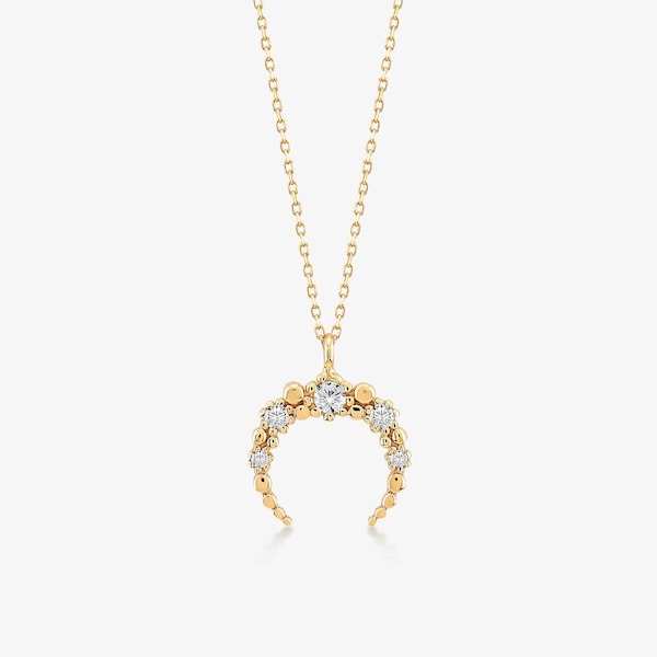 14k Gold Crescent Moon Necklace - 14k Moon Phases Pendant Necklace - 14k Yellow, Rose or White Gold Necklace for Women - Moon Star Necklace