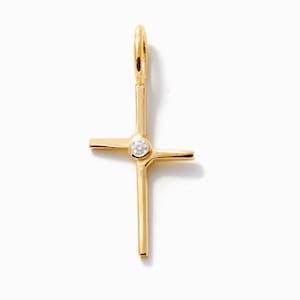 14k Solid Gold Sideways Cross Pendant: Diamond Accent, Modern Faith