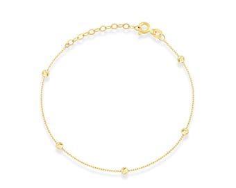 14k Solid Gold Beaded Chain Bracelet: Adjustable Women's Jewelry