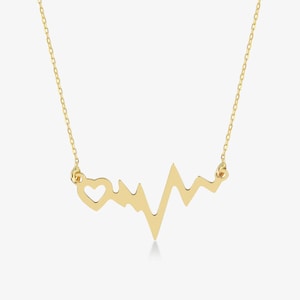 Collar con colgante de latido de corazón en oro macizo de 14 k para mujer - Collar con electrocardiograma en oro de 14 k - Collar con corazón en oro macizo de 14 k