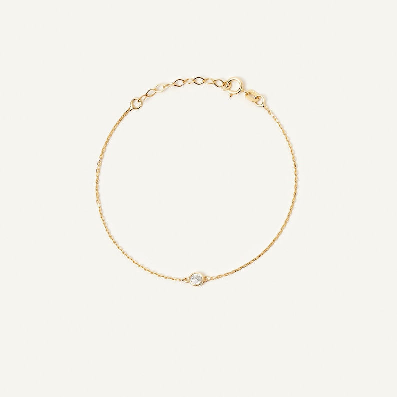 14K Solid Gold Solitaire Birthstone Bracelet Minimalist Personalized Bracelet Gemstone Bezel Bracelet for Women 14K Real Gold Jewelry image 5