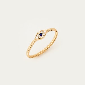 14K Solid Gold Diamond Evil Eye Ring for Women | Sapphire Evil Eye Ring | 14K Gold Beaded Band Ring | 14K Gold Jewelry | Gift for Her
