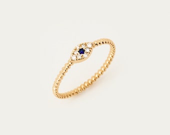 14K Gold Diamond & Sapphire Evil Eye Ring: Beaded Band, Protection Jewelry