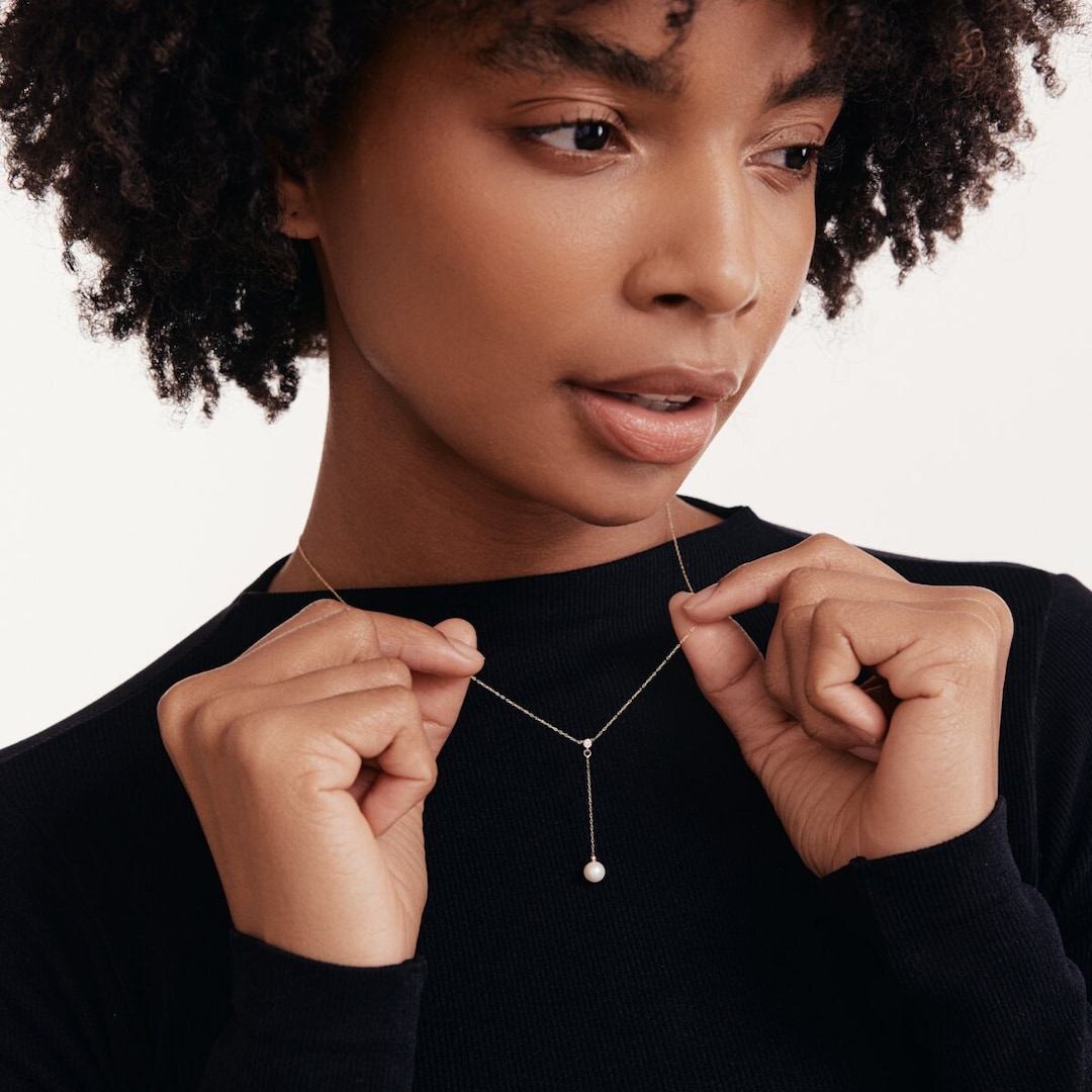14K Solid Gold Diamond Bezel Lariat Necklace Pearl Ynecklace for Women Dainty Pearl Necklace