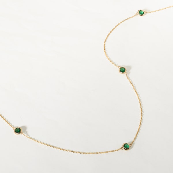 14k Solid Gold Emerald Station Necklace: Dainty Gold Chain