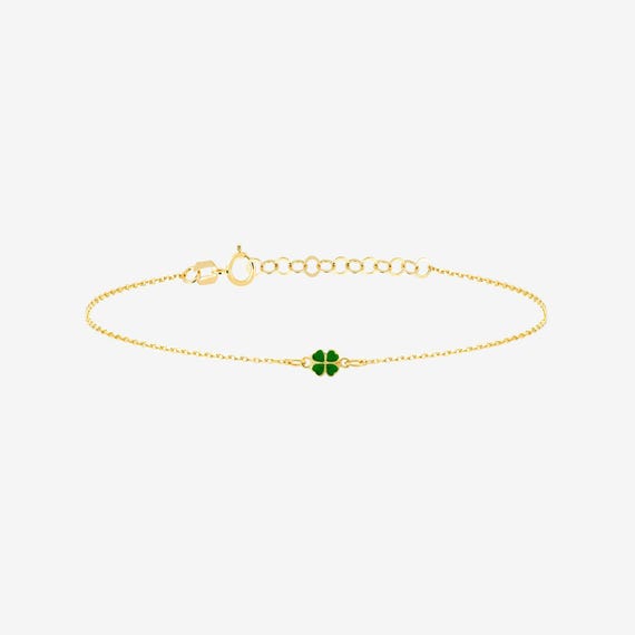 14k Solid Gold Four Leaf Clover Bracelet - Green Good Luck Charm - Colorful Lucky Flower Bracelet - 14k Real Gold Bracelets for Women
