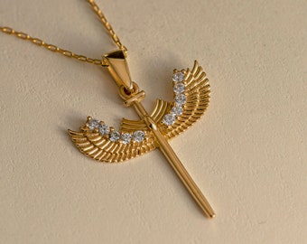 14k Solid Gold Archangel Angel Necklace - Guardian Angel Wings Pendant- 14k Yellow, White or Rose Gold Angel Necklace - Fine Jewelry