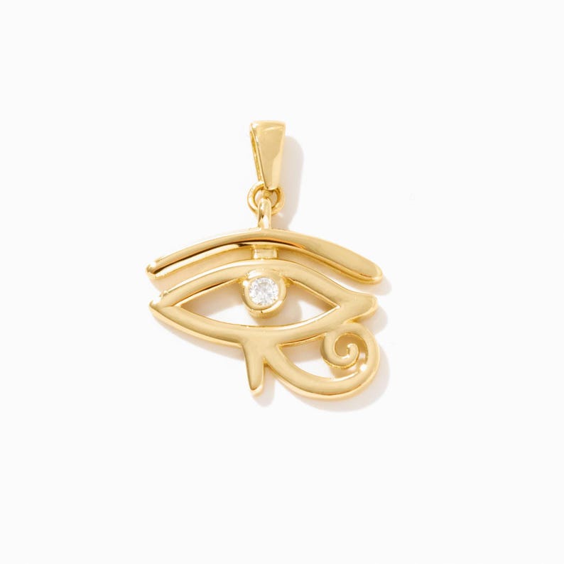 14K Solid Gold Eye of Horus Charm: Cubic Zirconia Good Luck Pendant afbeelding 1
