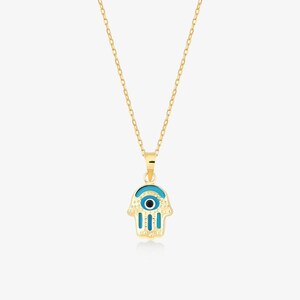 14k Solid Gold Hamsa Hand Necklace | Real Gold Evil Eye Necklace | Hand of Fatima Necklace | Yellow, Rose or White Gold Pendant Necklace